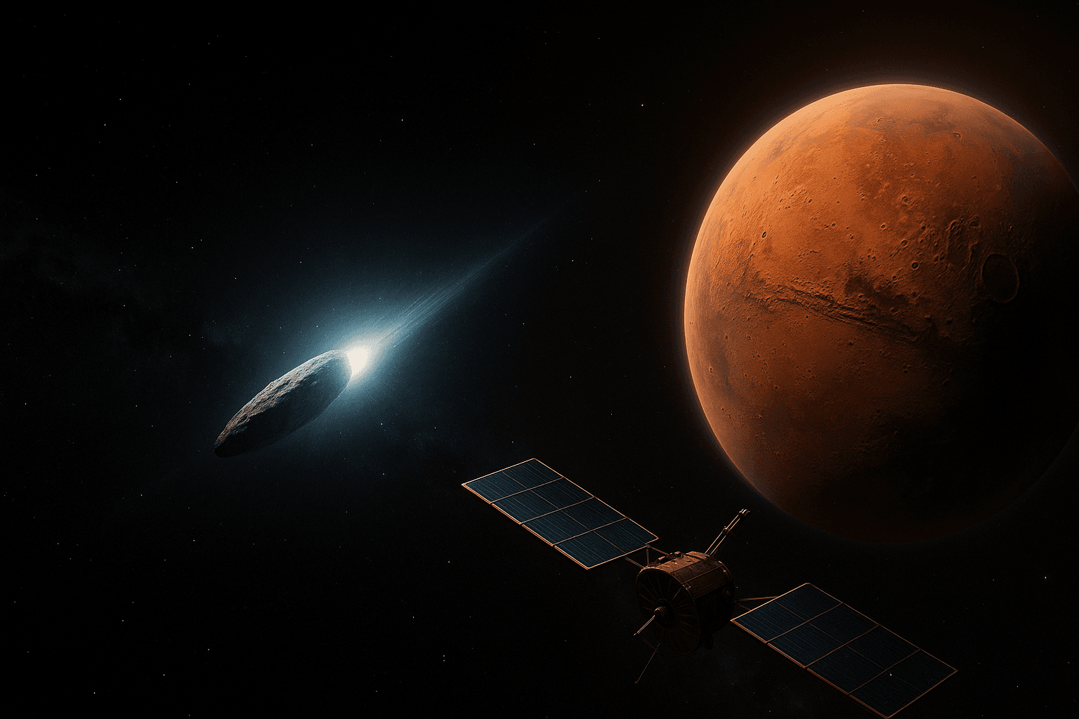 Dramatic space scene showing the interstellar object 3I/ATLAS with its glowing tail approaching the reddish planet Mars, while NASA's Mars Reconnaissance Orbiter satellite observes this historic encounter