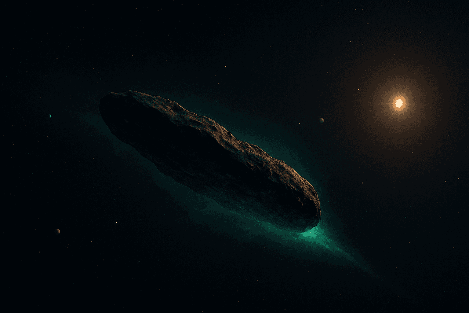 Artist's concept of 3I/ATLAS appearing as a rocky interstellar object with mysterious greenish emission and subtle hints of possible artificial structures beneath its natural surface
