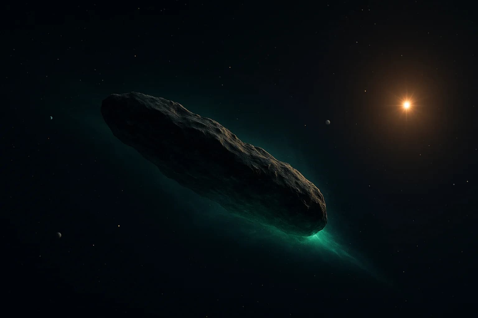 Artist's concept of 3I/ATLAS appearing as a rocky interstellar object with mysterious greenish emission and subtle hints of possible artificial structures beneath its natural surface
