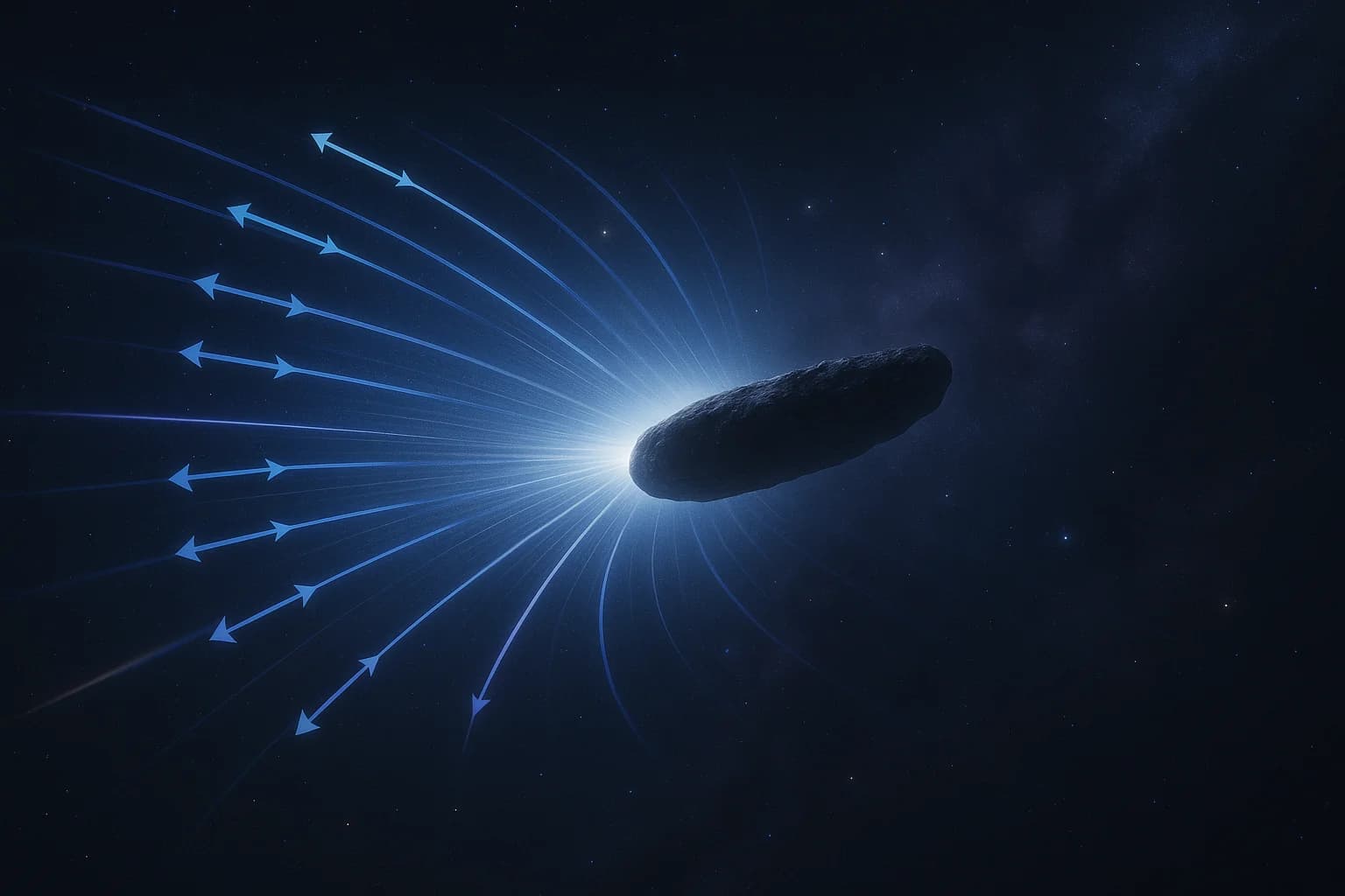 Artistic representation of polarized light waves being scattered by the mysterious interstellar object 3I/ATLAS, showing unique negative polarization patterns against a starry background