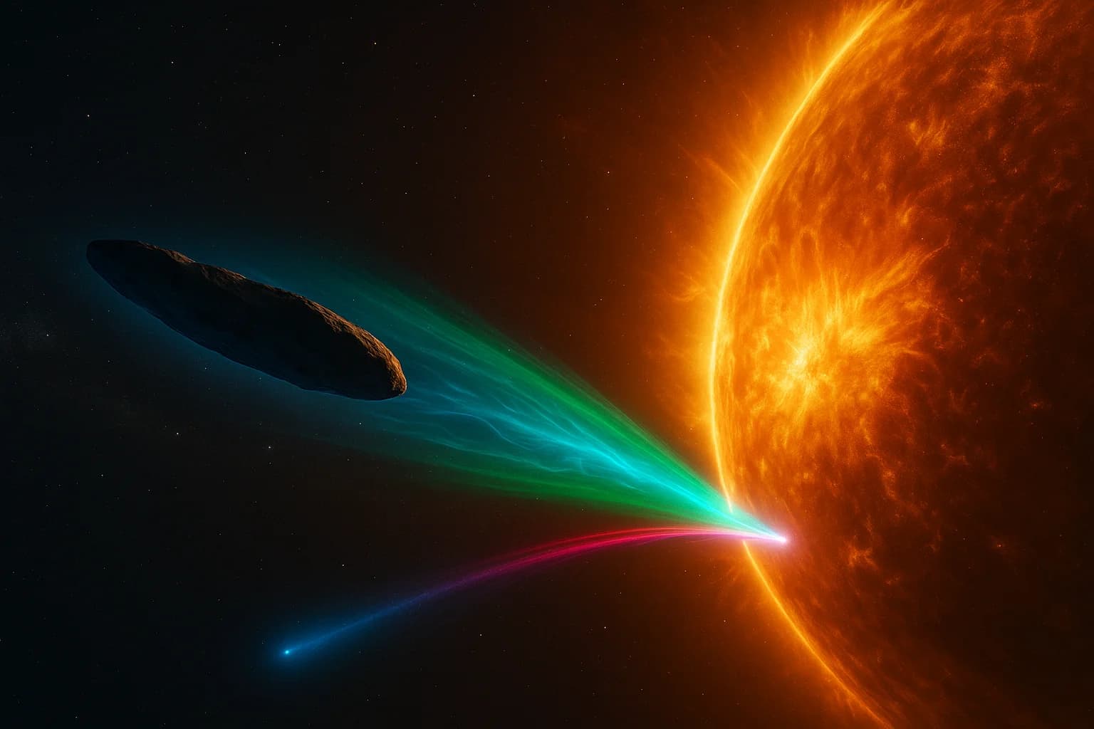Visualization showing 3I/ATLAS trajectory deviating from predicted path with geometric plasma emissions in space