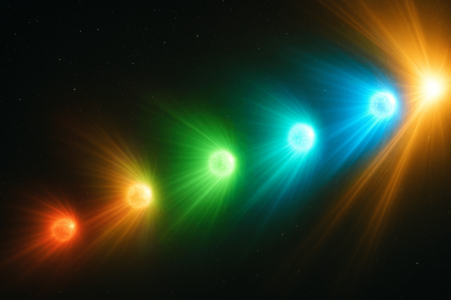 Artistic representation of interstellar comet 3I/ATLAS showing dramatic color transformation from red to green to blue as it approaches the Sun