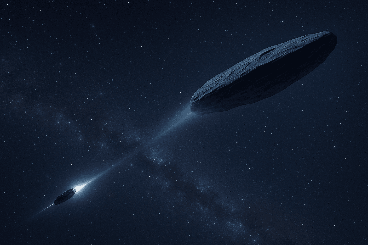 Artistic rendering of the mysterious 3I/ATLAS object deploying a small scout probe into space, with star fields of Aquarius and Sagittarius constellations in the background showing their different origins