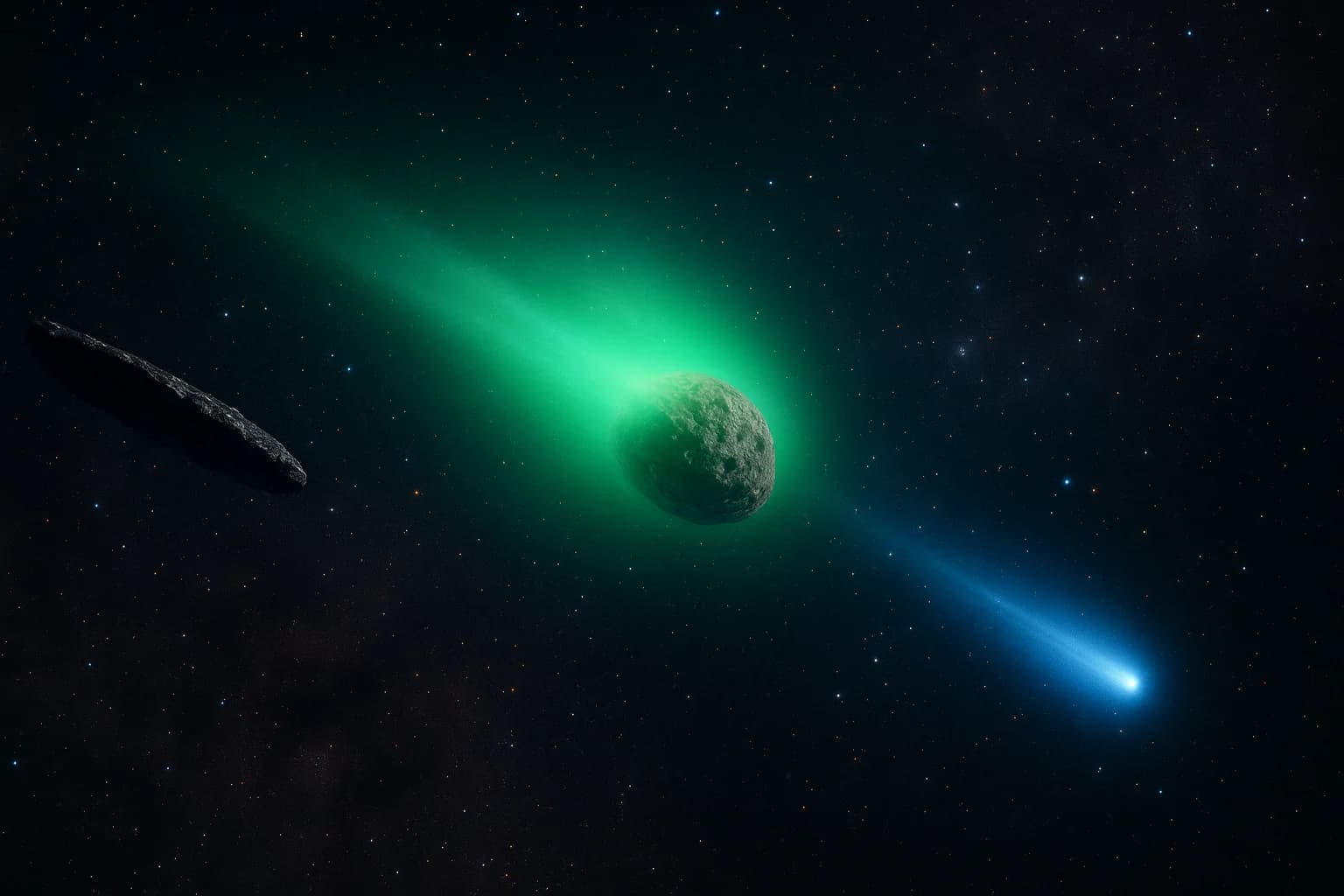 Side-by-side comparison showing the relative sizes of interstellar objects 3I/ATLAS, 2I/Borisov, and 'Oumuamua against a cosmic background