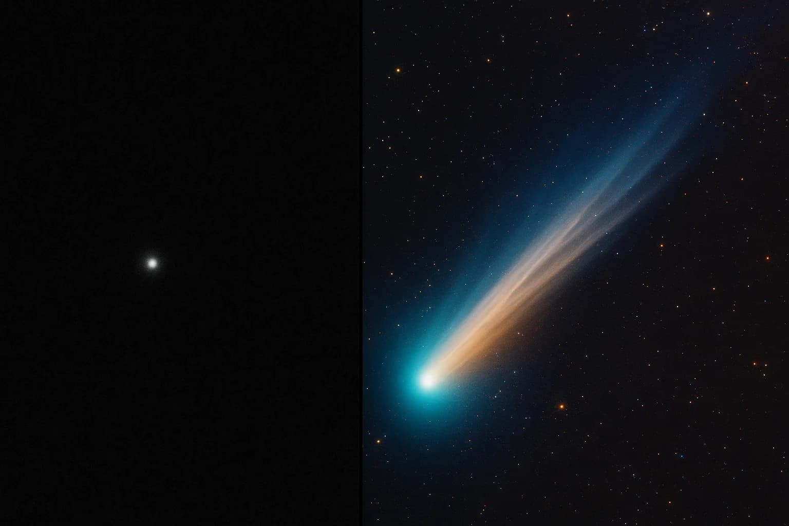 Split image showing NASA's raw scientific image of comet C/2019 L3 ATLAS on one side and enhanced amateur astronomy images on the other, representing the gap between scientific data and public expectations