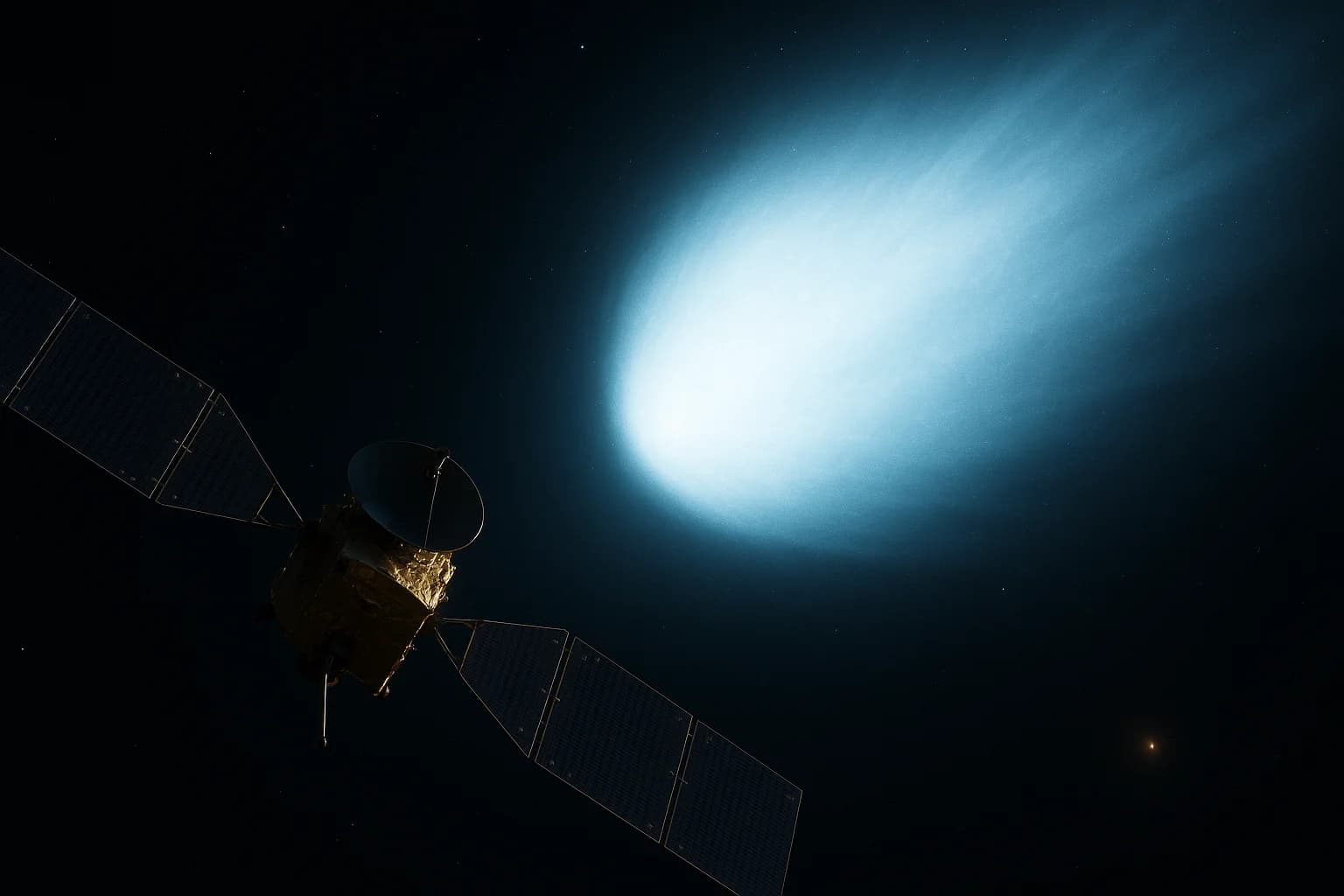 China's Tianwen-1 orbiter capturing detailed images of the interstellar comet 3I/ATLAS from Mars orbit, showing the comet's massive glowing coma against the backdrop of deep space