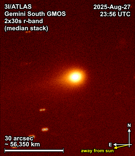 Gemini South Observatory r-band observation of Comet 3I/ATLAS showing coma and tail, August 2025