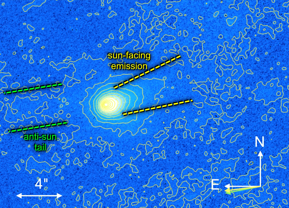 Hubble Space Telescope contour map of Comet 3I/ATLAS showing diffuse emission and dust features, July 2025