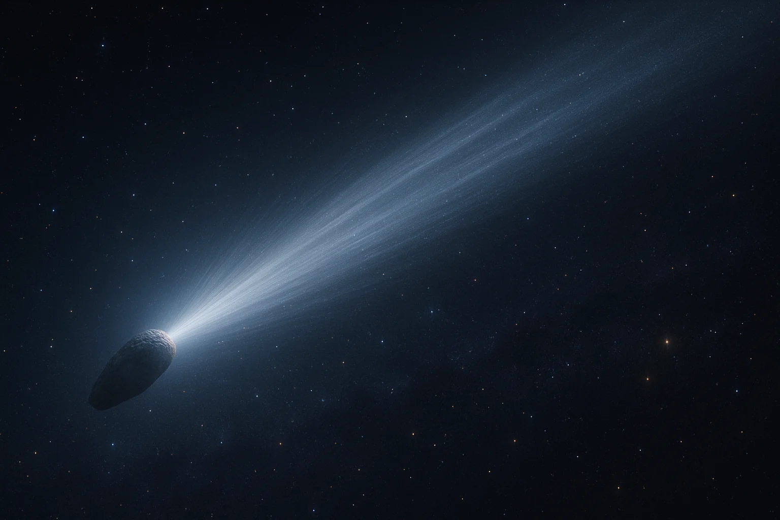 Spectacular telescope image showing the interstellar comet 3I/ATLAS with its newly grown, glowing tail stretching across a star-filled background