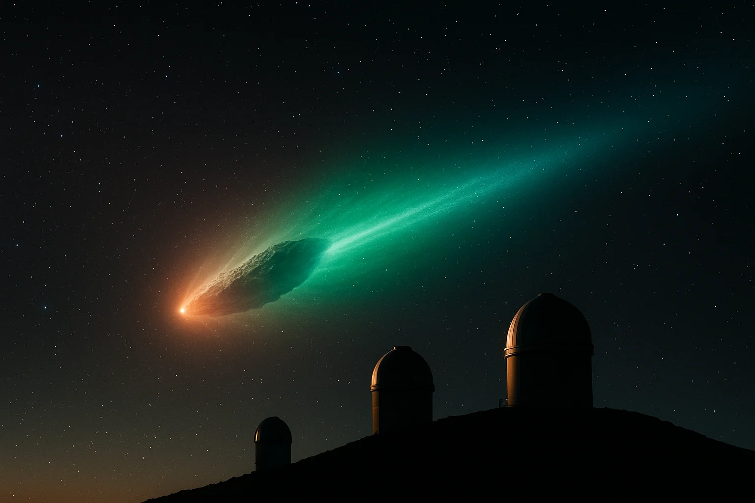 Dramatic comparison showing 3I/ATLAS transforming from a reddish glow to an eerie green luminescence against the black backdrop of space