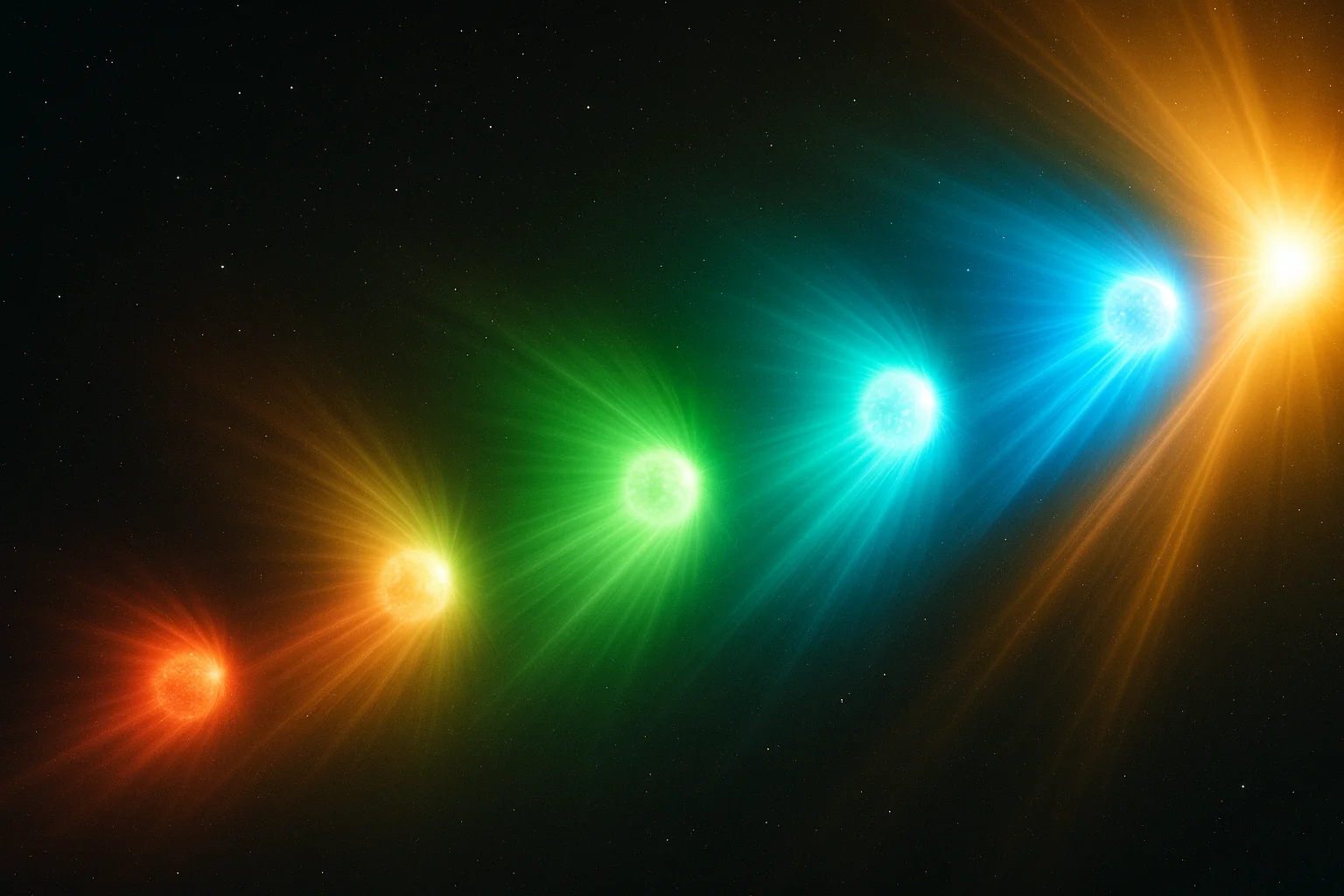 Artistic representation of interstellar comet 3I/ATLAS showing dramatic color transformation from red to green to blue as it approaches the Sun