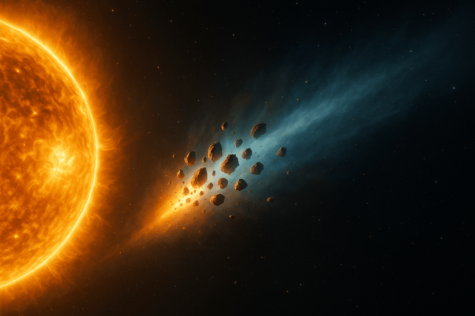Spectacular space scene showing the interstellar object 3I/ATLAS breaking apart into multiple fragments as it approaches the Sun, with its dramatic tail and debris field illuminated against the cosmic backdrop