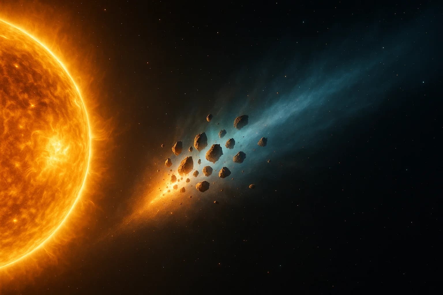 Spectacular space scene showing the interstellar object 3I/ATLAS breaking apart into multiple fragments as it approaches the Sun, with its dramatic tail and debris field illuminated against the cosmic backdrop