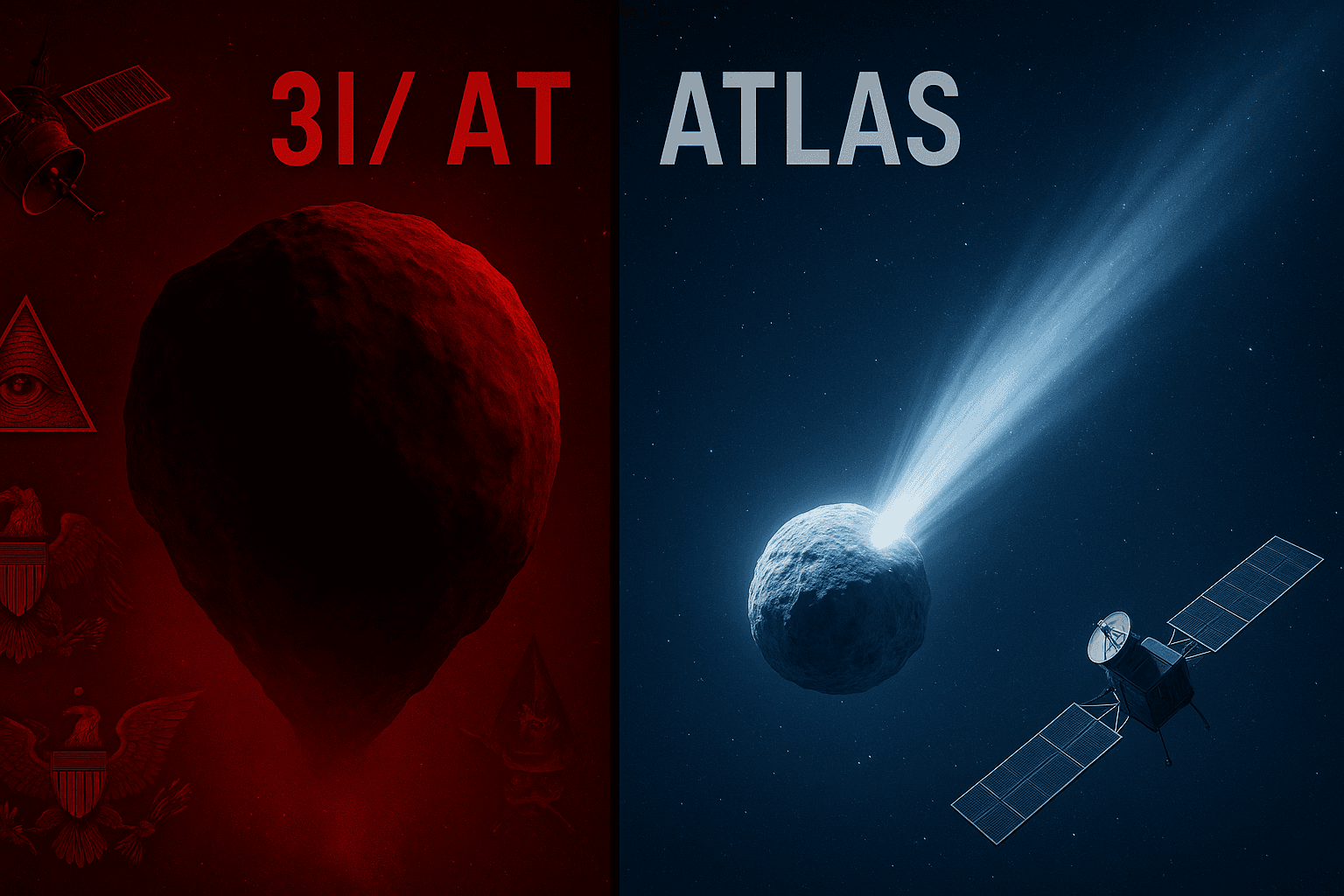 Split image showing before and after size comparison of interstellar object 3I/ATLAS, with conspiracy theory imagery on left and scientific measurements on right