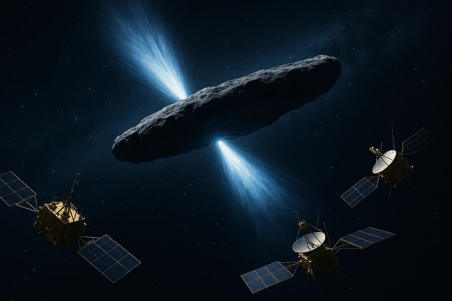 Dramatic space scene showing the interstellar object 3I/ATLAS with mysterious propulsion jets creating acceleration forces as it travels through space, with NASA instruments detecting the anomalous velocity changes