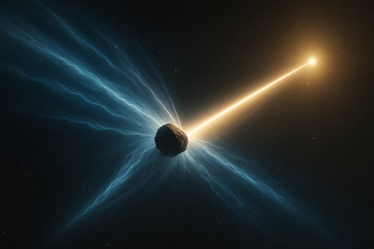 Dramatic space visualization showing 3I/ATLAS with its anti-tail structure pointing toward the sun, displaying impossible energy output patterns for a 5.6km comet nucleus