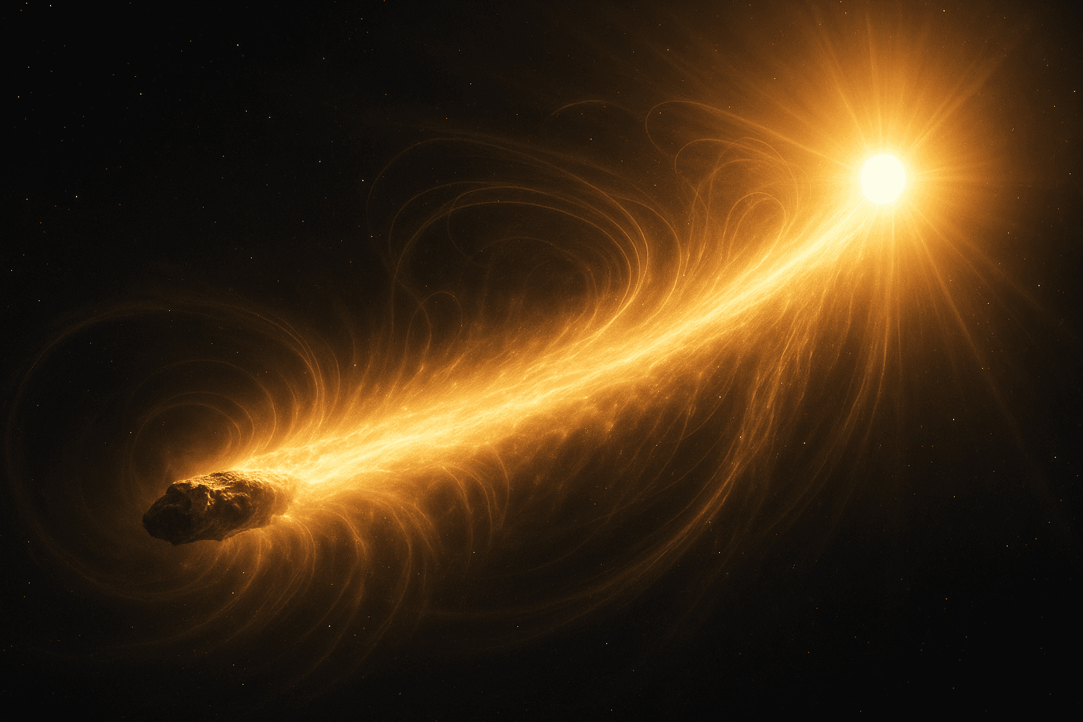 Dramatic space scene showing the interstellar object 3I/ATLAS with a bright glowing tail and debris trail as it passes near the Sun, with visible mass loss and outgassing creating a spectacular coma