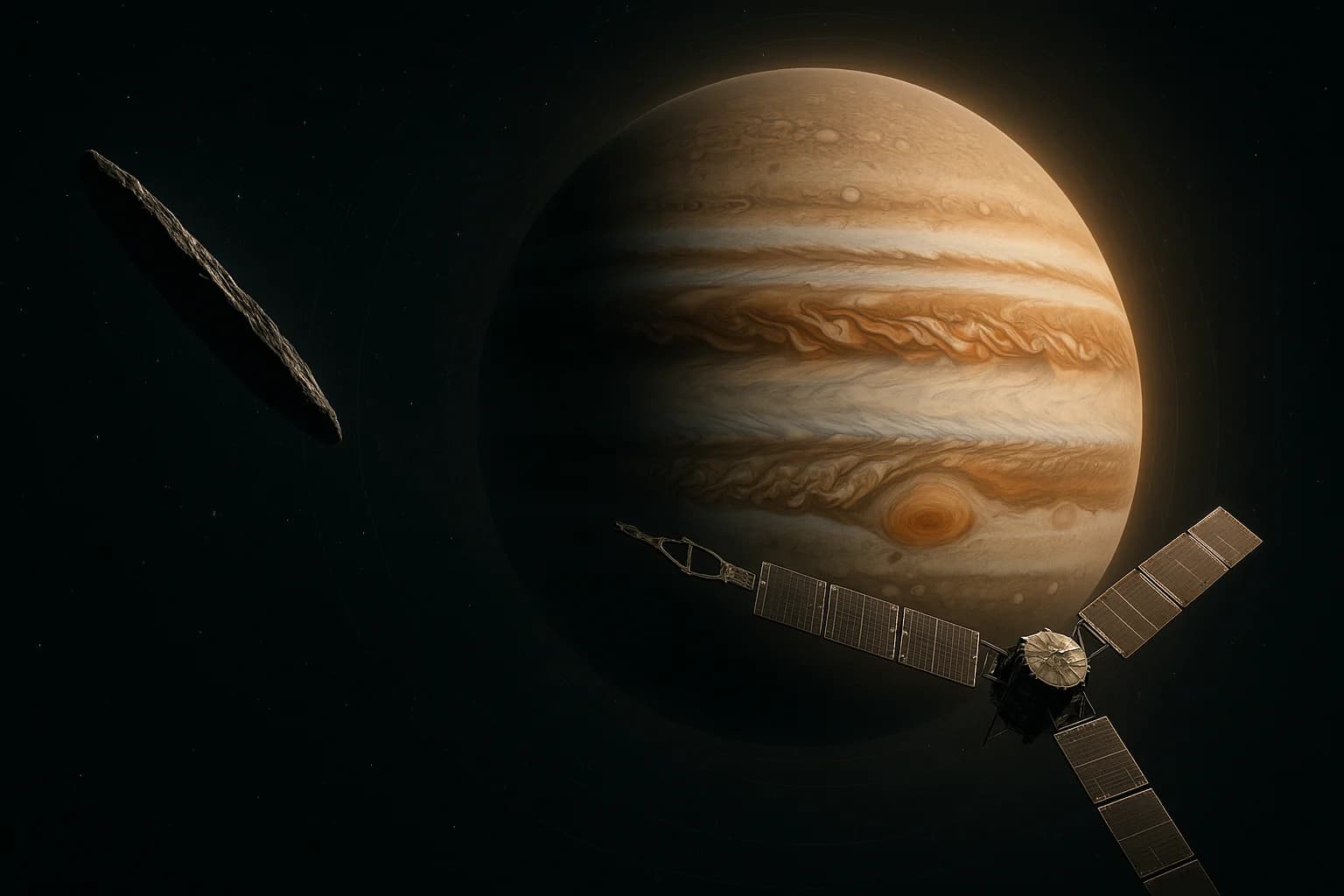 Artistic rendering of the mysterious interstellar object 3I/ATLAS approaching Jupiter's massive gravitational sphere while NASA's Juno spacecraft observes from orbit