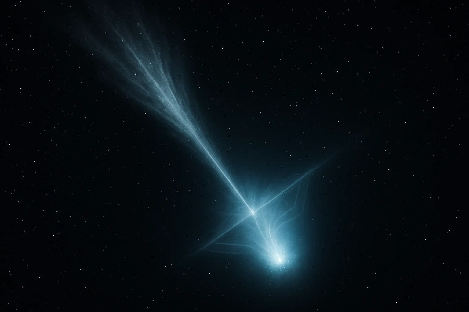 Dramatic astrophotography image showing comet 3I/ATLAS with its mysterious anticoma formation and highly collimated jets against a starfield background