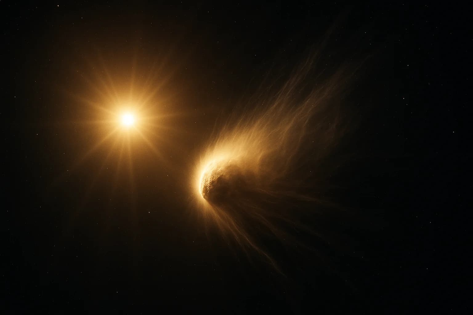 Dramatic space scene showing the interstellar object 3I/ATLAS with its newly detected glowing coma surrounded by gas and dust as it approaches the Sun