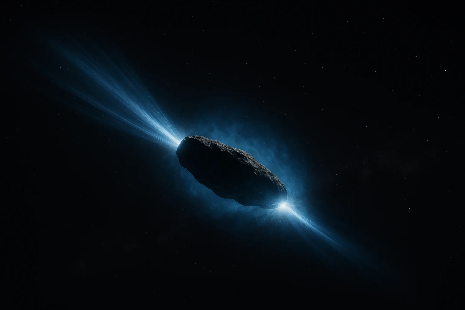 Dramatic visualization of 3I/ATLAS showing bright outgassing creating a rocket-like thrust as the interstellar object travels through space with a visible coma and tail