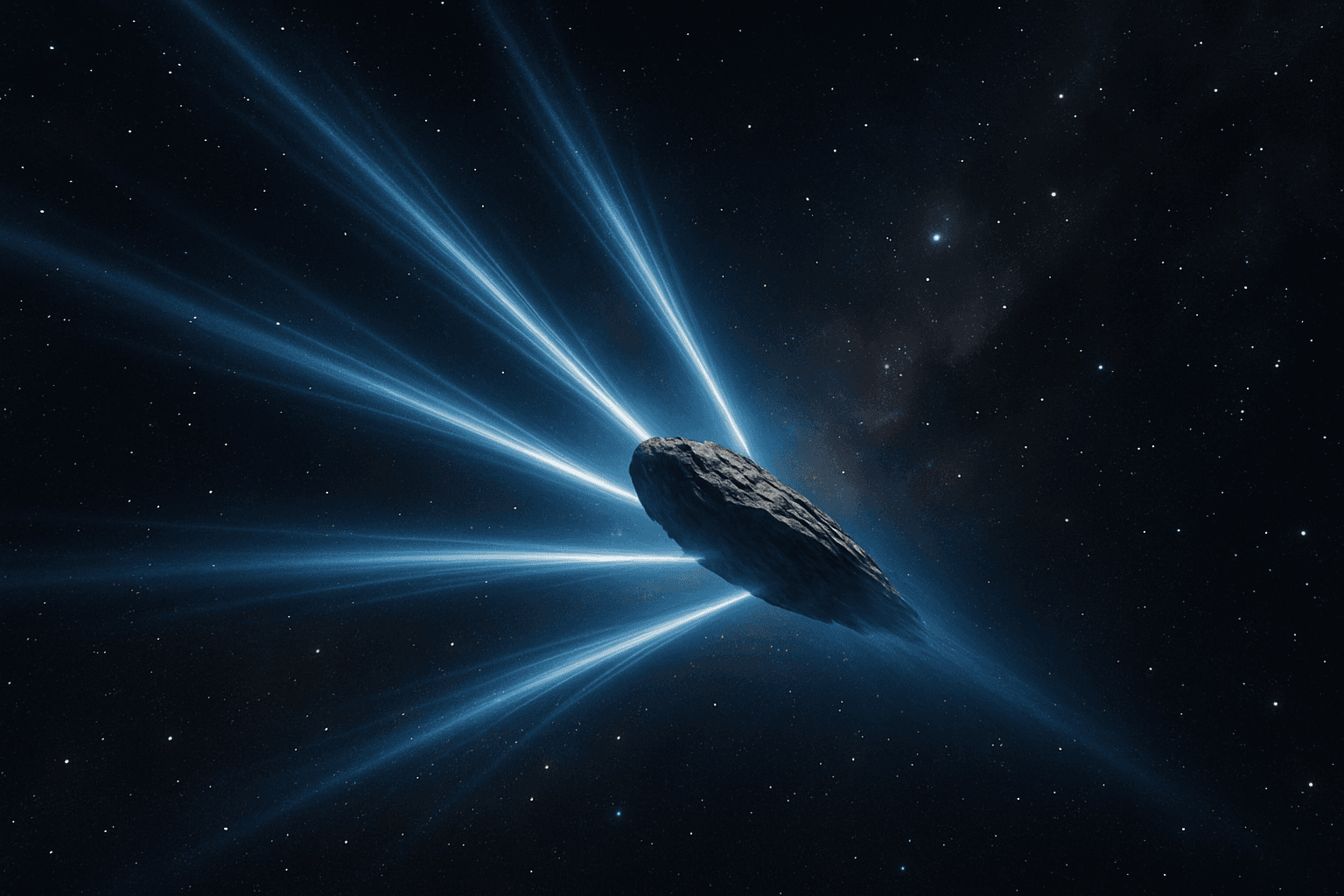 Dramatic space visualization showing interstellar comet 3I/ATLAS with seven distinct jets of gas and dust streaming from its surface against a starry background