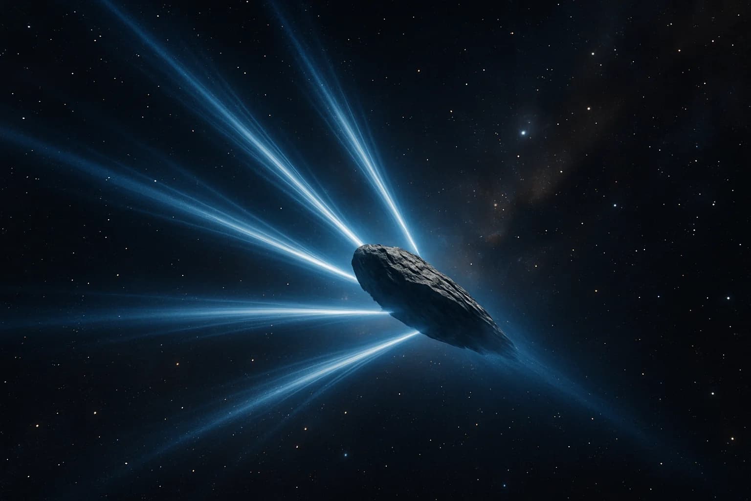 Dramatic space visualization showing interstellar comet 3I/ATLAS with seven distinct jets of gas and dust streaming from its surface against a starry background
