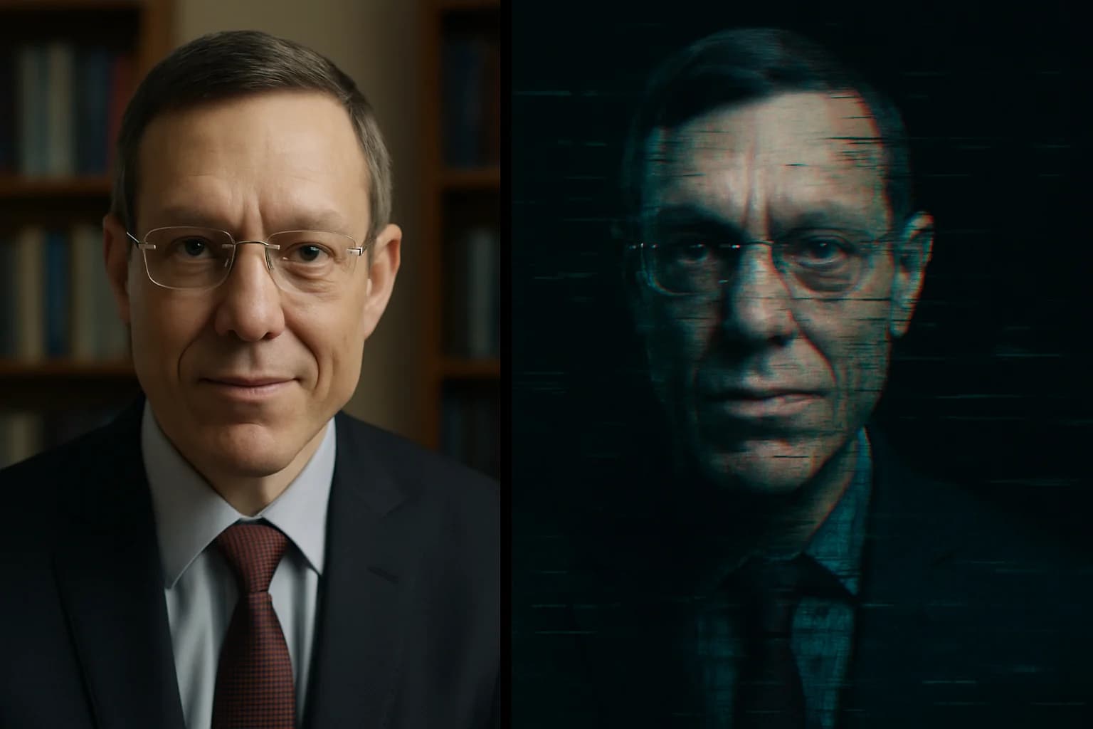 Split screen showing the real Avi Loeb on the left and a distorted, glitched AI-generated version on the right, representing the deepfake misinformation problem in scientific discourse