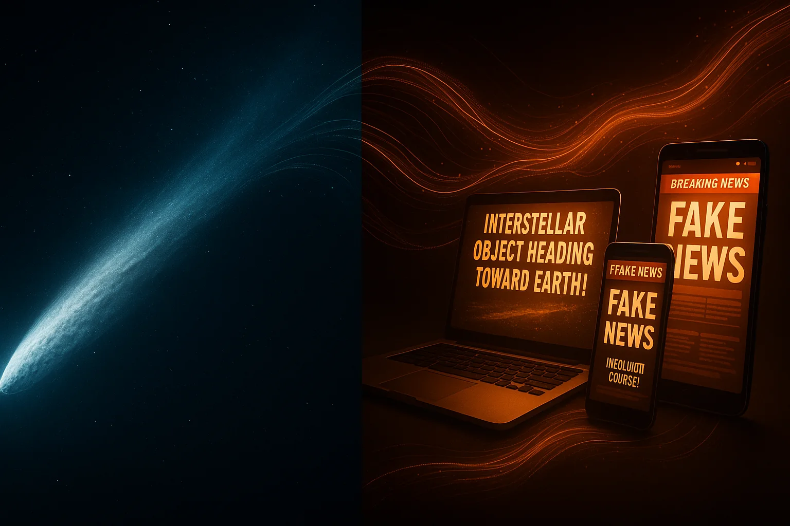 Split screen showing the interstellar object 3I/ATLAS moving through space on one side, and multiple website screenshots spreading false information on the other side