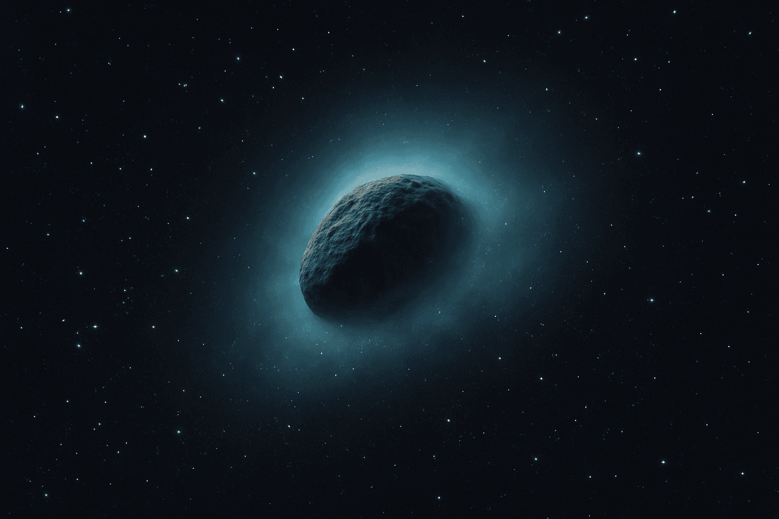 Artistic representation of the interstellar object 3I/ATLAS showing its glowing coma against the starry background, notably without the characteristic tail typically associated with comets