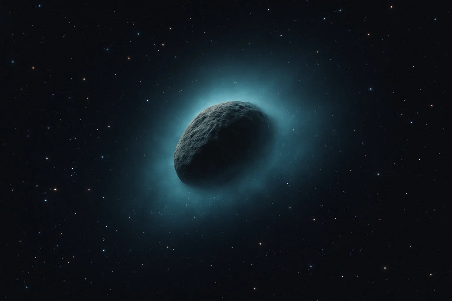 Artistic representation of the interstellar object 3I/ATLAS showing its glowing coma against the starry background, notably without the characteristic tail typically associated with comets