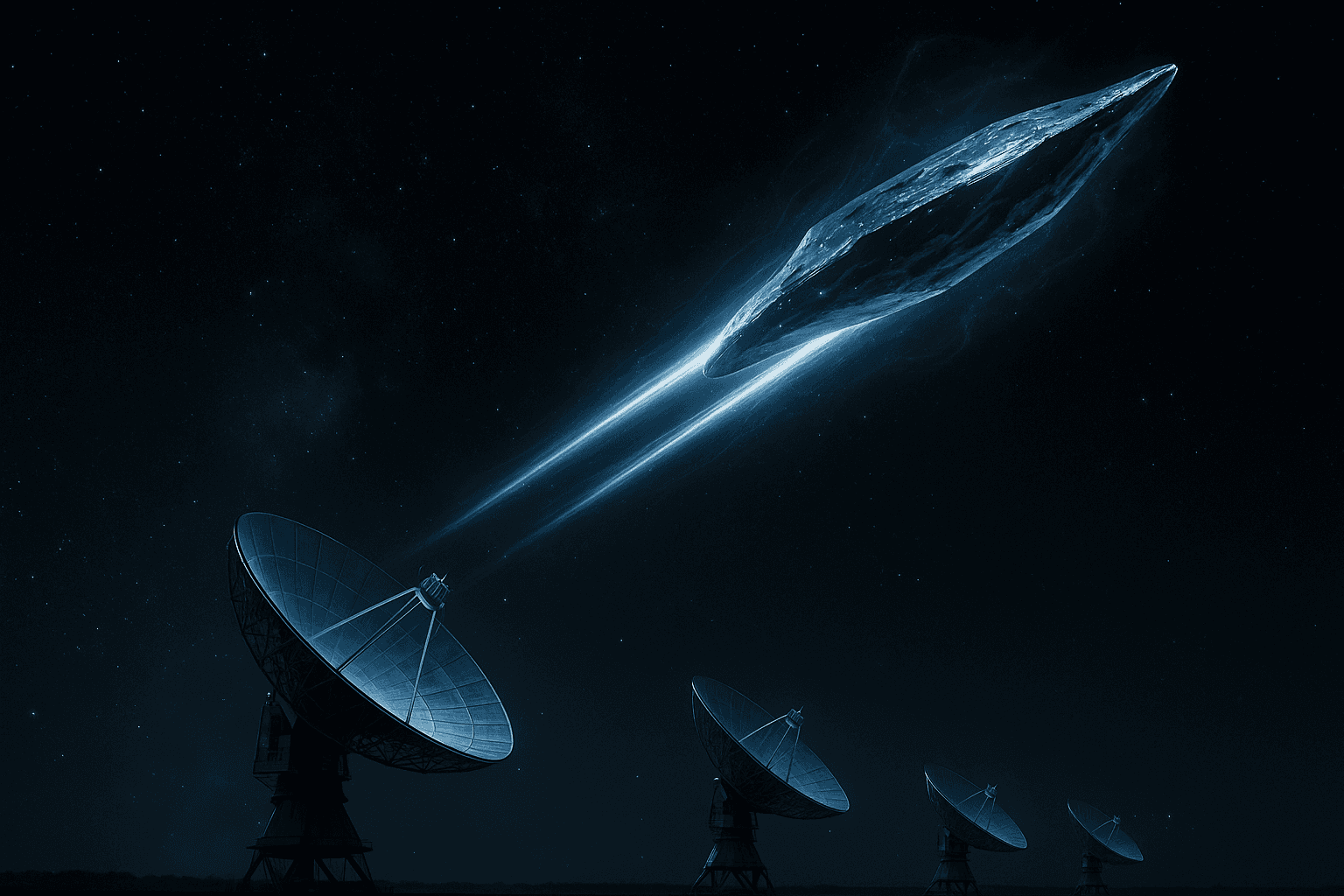 Dramatic space scene showing the mysterious interstellar object 3I/ATLAS with acceleration trails streaking through the dark cosmos, with observatories on Earth tracking its unexpected trajectory