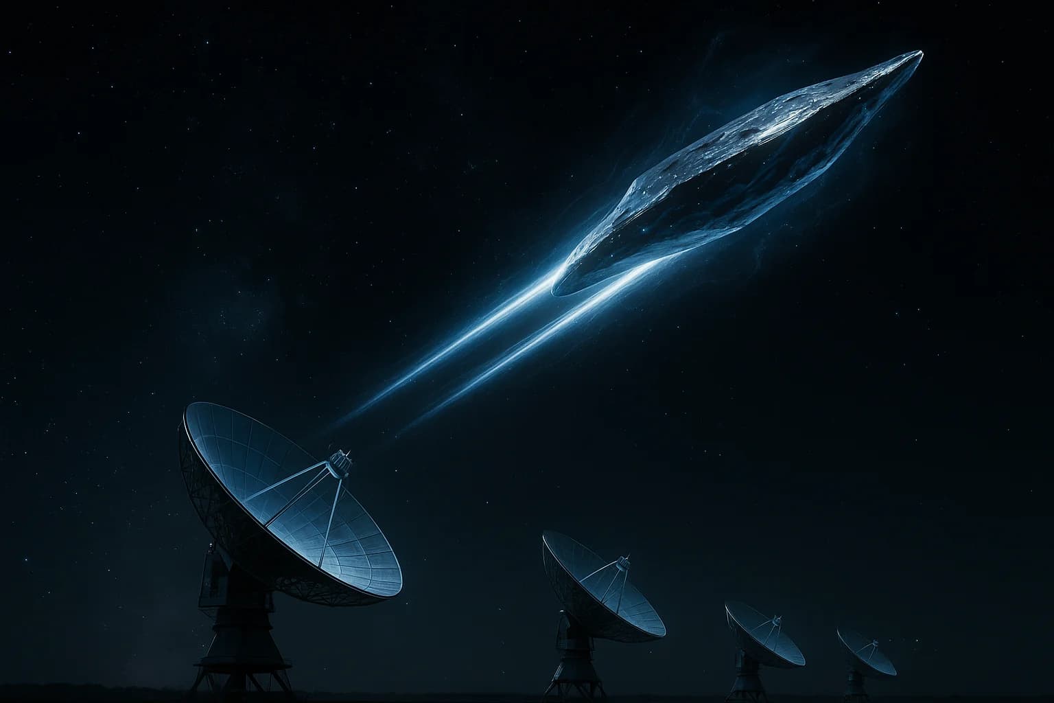 Dramatic space scene showing the mysterious interstellar object 3I/ATLAS with acceleration trails streaking through the dark cosmos, with observatories on Earth tracking its unexpected trajectory