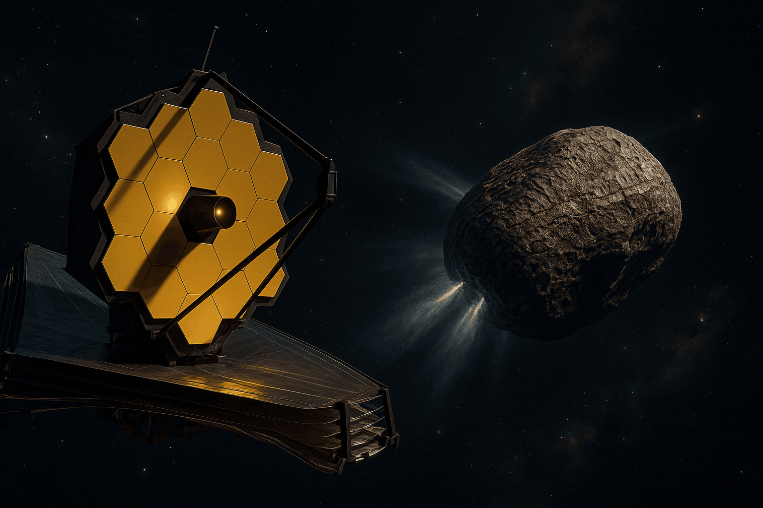Artistic rendering of the James Webb Space Telescope observing interstellar comet 3I/ATLAS, showing its thick CO2-dominated crust formed by billions of years of cosmic ray bombardment during its journey through deep space