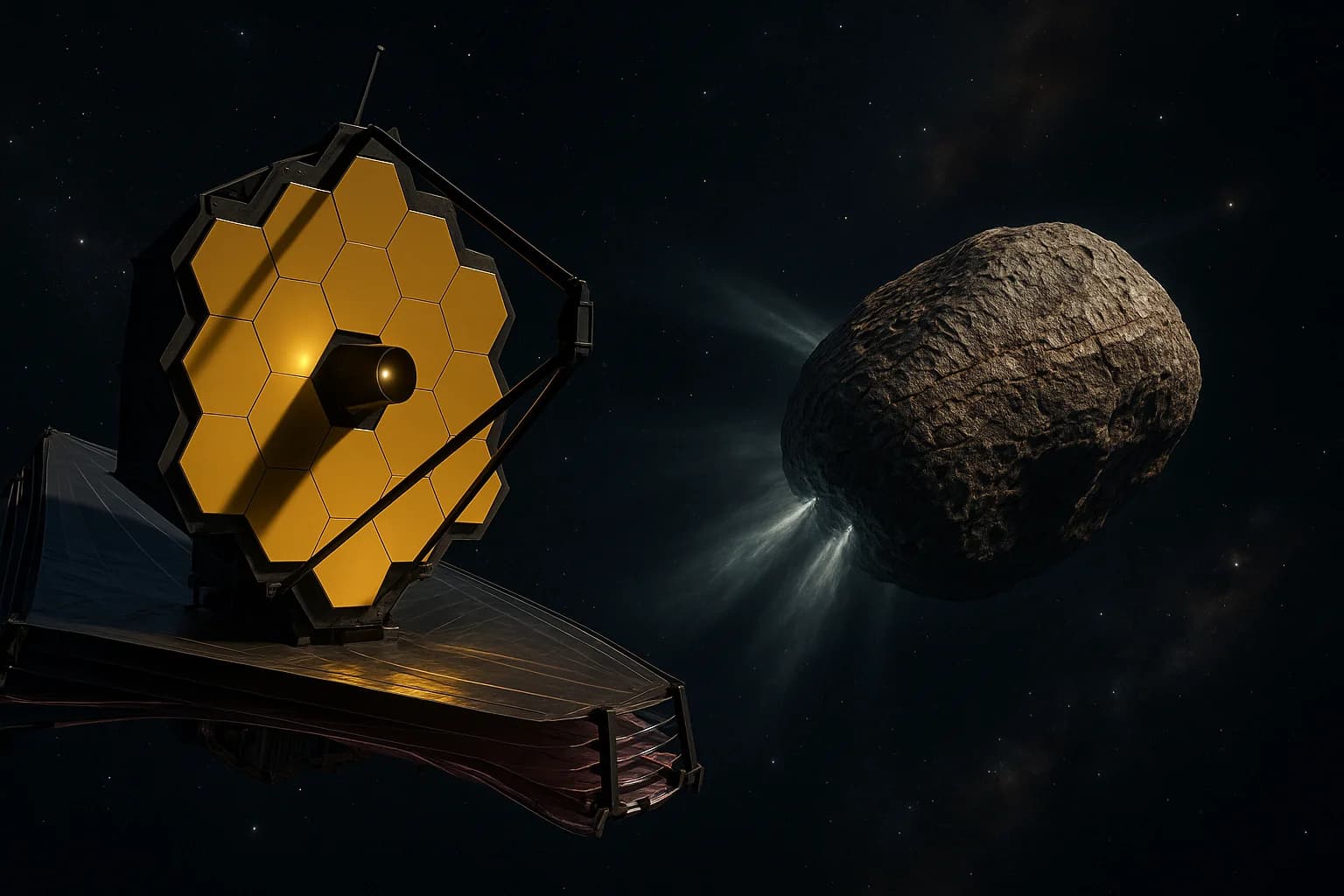 Artistic rendering of the James Webb Space Telescope observing interstellar comet 3I/ATLAS, showing its thick CO2-dominated crust formed by billions of years of cosmic ray bombardment during its journey through deep space