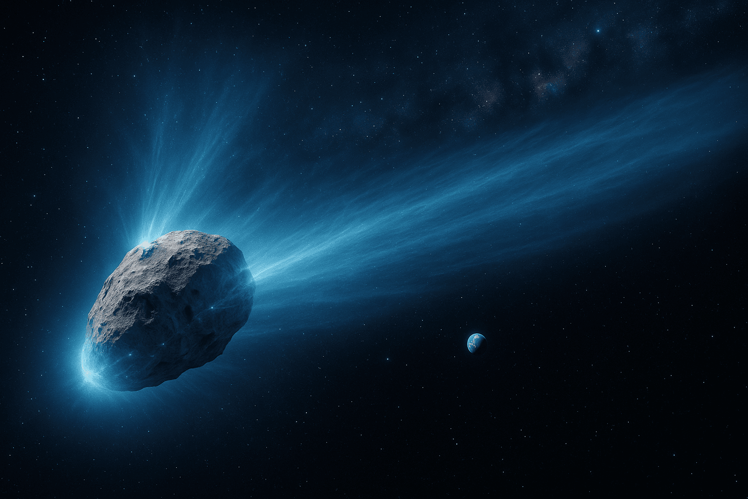 Spectacular view of the ancient interstellar comet 3I/ATLAS approaching Earth with its distinctive bluish coma and plasma tail, carrying organic molecules through space