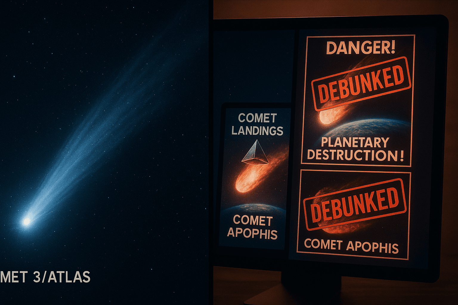 Split image showing the real Comet 3I/ATLAS with its natural tail on one side and debunked conspiracy theory graphics on the other, illustrating the contrast between scientific fact and internet misinformation