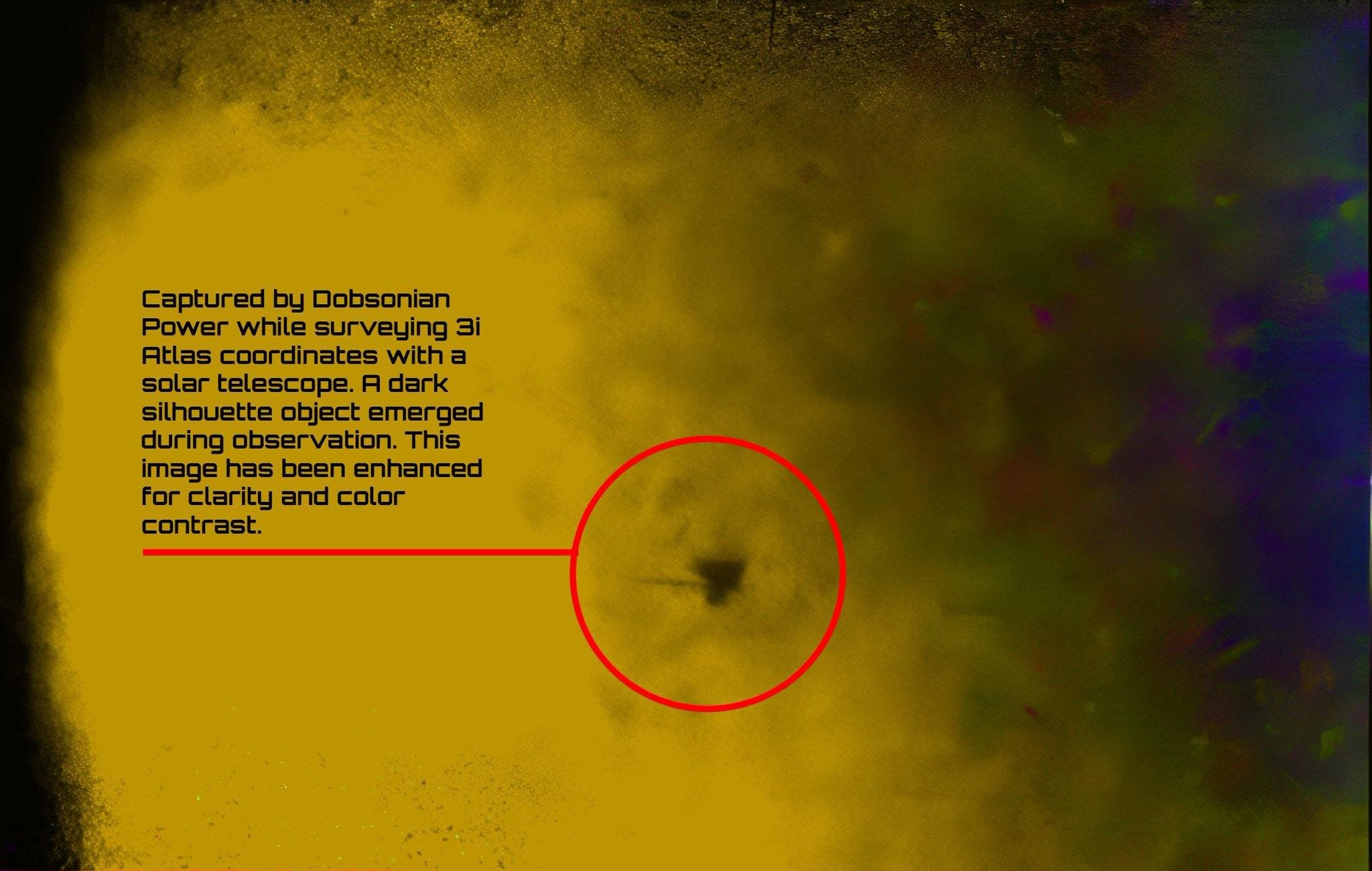 Digitally enhanced amateur telescope image of 3I/ATLAS showing a dark feature circled in red against a yellow background